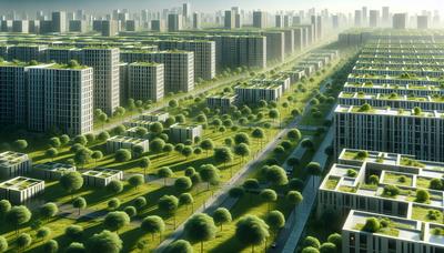 Paysage urbain vert avec logements sociaux et arbres.