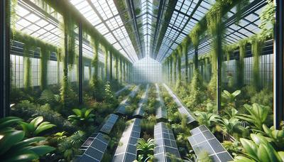 Invernadero con plantas exuberantes y paneles solares.