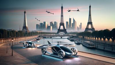 Taxis volants cloués au sol avec la ligne d'horizon de Paris en arrière-plan