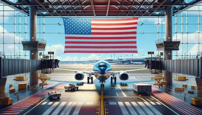 Am Boden befindliches Flugzeug unter US-Flagge in Flughafenumgebung.