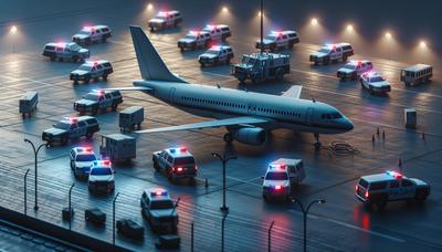 警察車両が駐機中の航空機の周りに配置されています。

