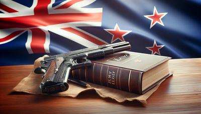 Pistola e libro di leggi contro la bandiera della Nuova Zelanda