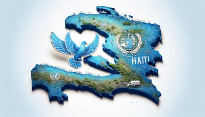 Mapa Haiti z symbolami misji pokojowej ONZ i gołębiem.