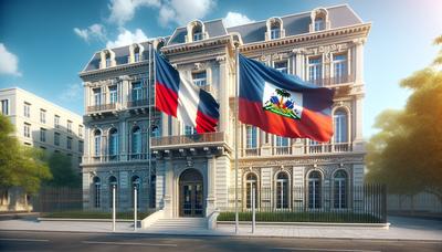 Drapeaux haïtien et français devant le bâtiment de l'ambassade.