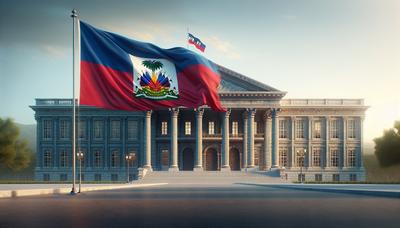 Drapeau haïtien devant un bâtiment gouvernemental.