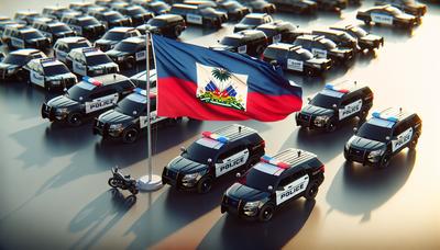 Haitianische Flagge mit Polizeifahrzeugen im Hintergrund