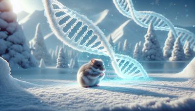 Hamster met DNA-streng in koude besneeuwde omgeving.