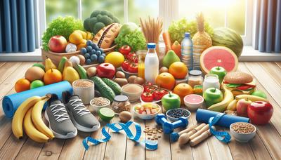 Alimentos saludables y equipo de ejercicio que promueven la prevención de la diabetes.