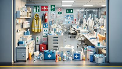 Ambiente di lavoro sano con segnali di sicurezza e forniture mediche