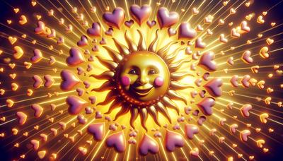 Símbolos en forma de corazón conectados alrededor de un sol sonriente.