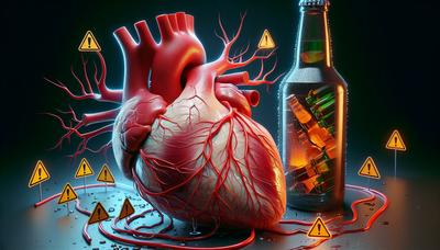 Corazón con símbolos de advertencia y botella de alcohol.