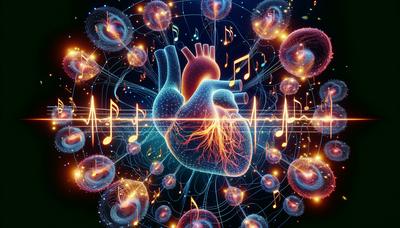 Battiti cardiaci con note musicali che si collegano in armonia.