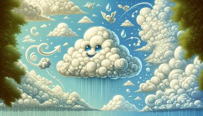 Nuages célestes avec des éléments espiègles ressemblant à des dessins animés.