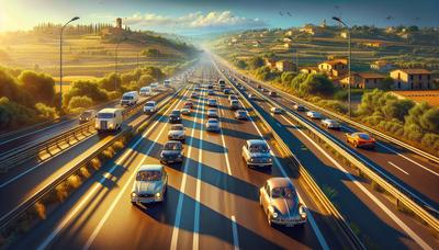 Autostrada piena di macchine durante le vacanze estive italiane.