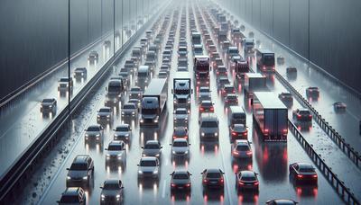 Snelweg file met auto's die stilstaan in de regen.