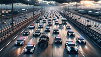 Autostrada con convoglio di auto aggressive e auto della polizia.