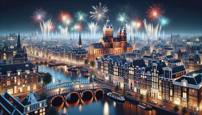 Historische skyline van Amsterdam met feestelijke lichten en vuurwerk.