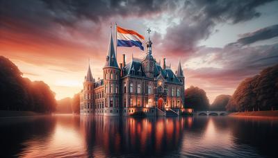 Historisch gebouw met Nederlandse vlag en zonsondergang op de achtergrond.