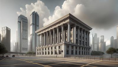 Extérieur du palais de justice de Hong Kong avec un ciel nuageux.