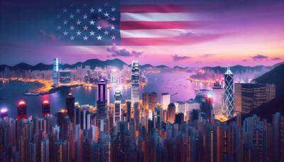 Skyline di Hong Kong con sovrapposizione della bandiera americana