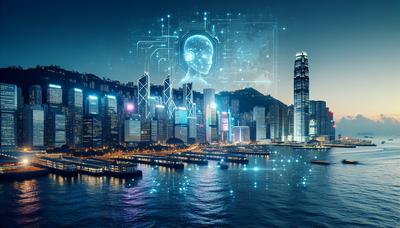 'Hong Kong skyline met digitale chatbot en kaart.'