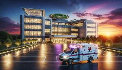 Edificio ospedaliero con ambulanza e cielo al tramonto.