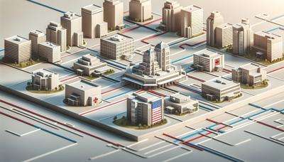 Bâtiments d'hôpital avec des cartes/icônes d'état variées connectées.