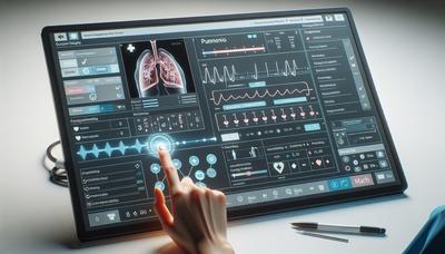 Prontuário hospitalar com diagnóstico de pneumonia sendo atualizado digitalmente.