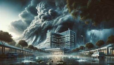 Hôpital entouré de nuages orageux et de gouttelettes d'eau.