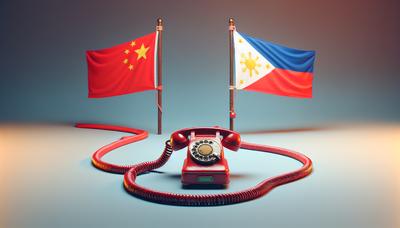 Téléphone de hotline reliant les drapeaux chinois et philippin.