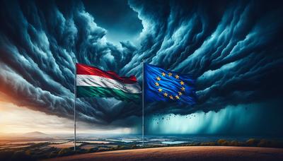 Drapeaux hongrois et européens avec des nuages ​​d'orage croissants