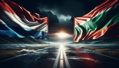 Ungarische und russische Flaggen mit angespannter Atmosphäre im Hintergrund