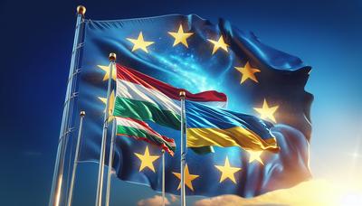 'Hongaarse en Oekraïense vlaggen met EU-embleem op de achtergrond.'