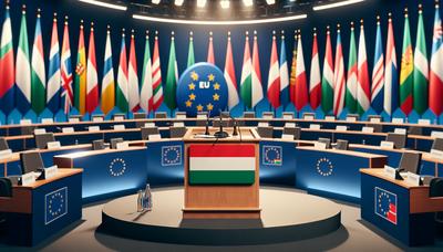 Podio con bandera húngara y micrófono en un entorno de conferencia de la UE.