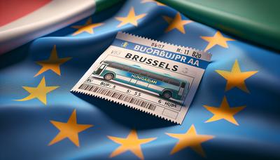 Ungarisches Busticket mit der Aufschrift "Brüssel" vor EU-Flagge.