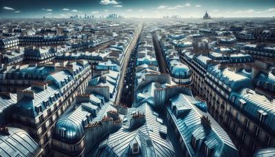 Toits en zinc emblématiques de Paris sous un ciel bleu.