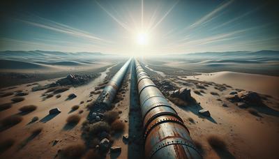 Ungenutzte Ölpipeline vor karger Landschaft.