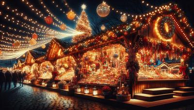 Marché de Noël illuminé avec des décorations festives et des lumières.