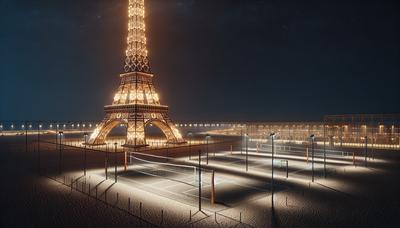 Terrain de volley-ball de plage Tour Eiffel illuminée ciel nocturne