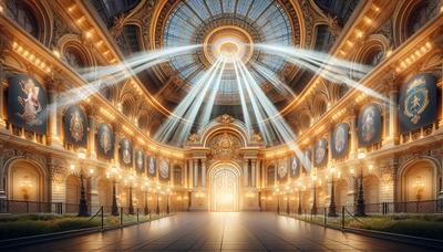 Grand Palais illuminé avec des banderoles de clôture et des spots.