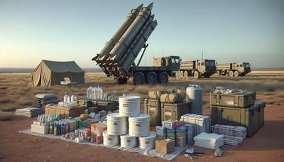 Ilustración del sistema de misiles Patriot y suministros de ayuda.