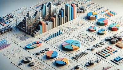 Afbeelding van grafieken en financiële diagrammen met symbolen.