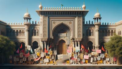 Eingang zur Imam-Ali-Moschee mit Protestschildern und Bannern