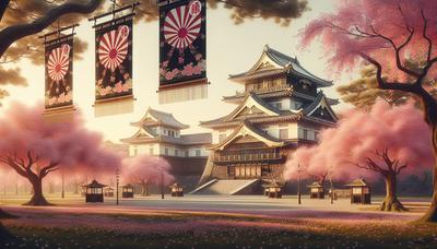 Palacio Imperial con banderas tradicionales japonesas y flores de cerezo.