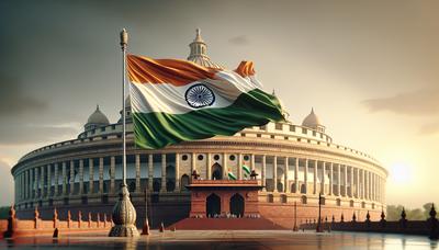 Bandera india con el edificio del parlamento al fondo