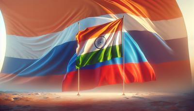 Indische Flagge mit russischer Flagge im Hintergrund