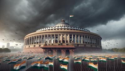 Parlement indien avec des drapeaux de coalition et une atmosphère tendue.