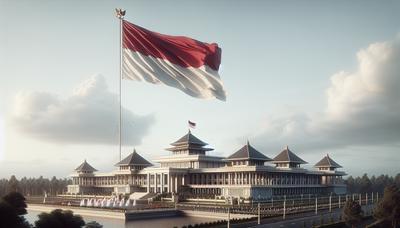 Palácio presidencial indonésio com a bandeira nacional hasteada.