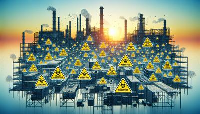 Paesaggio industriale con cartelli di avvertimento sull'amianto e silhouette.