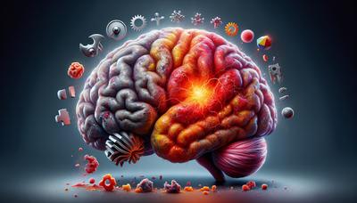 Illustration eines entzündeten Gehirns mit Symbolen für kognitiven Abbau
